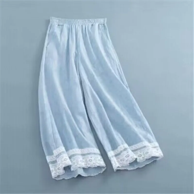 Women's Spring Autumn High Waist Pocket Cotton Linen Wide Leg Loose Retro Spliced Lace Hook Flower Hollow All-match Casual Pants