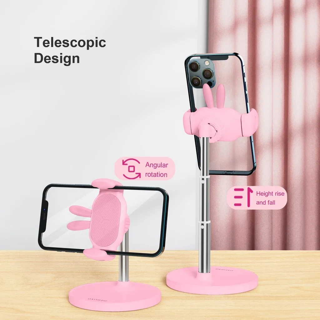Eary Cute Bunny Phone Holder Height Telescopic Adjustable Desk Stand With 360 Rotatable Multi-Angle Bracket For Video Recording