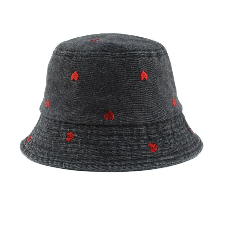 Vintage Washed Denim Bucket Hat Heart Embroidery Cotton Fisherman Hats