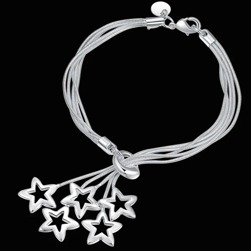 

Hot New 925 Sterling Silver Bracelets For Woman Snake Chain Hanging Stars Wedding Party Christmas Gift Fashion Jewelry