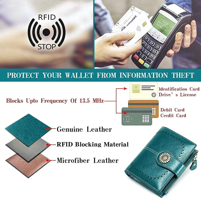 Genuine Leather Fashion RFID Wallet Women Clutch Credit Card Holder  Ladies Zipper Clutch Bag short Wallet  Casual Coin Purse 4
