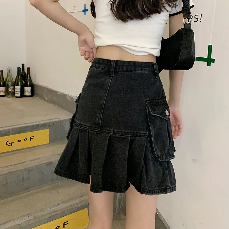 Lucyever Korean Fashion Denim Mini Skirts Women Black High Waist Patchwork Pleated Skirt Woman Elegant Chic Pockets Short Skirt red skirt