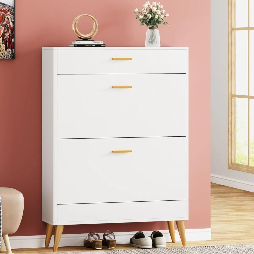 Shoe Cabinet, White Shoe Storage Cabinet with 2 Flip Doors and Drawer, Modern Narrow Shoe Organizer Rack for Entryway
