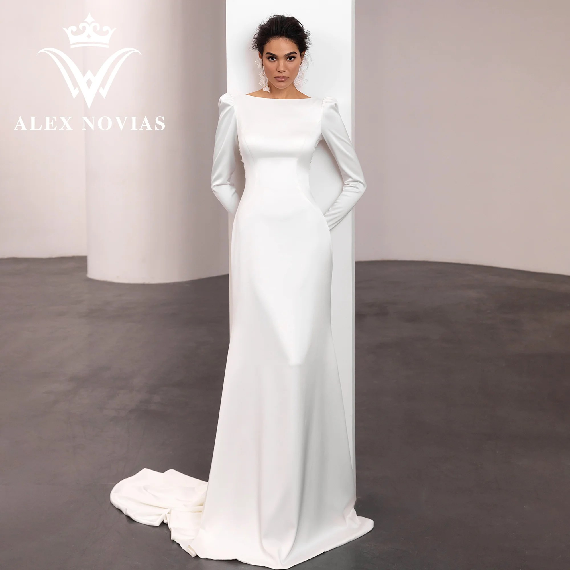 

Свадебное платье с юбкой-годе ALEX NOVIAS, новинка 2023, Гламурное атласное платье с длинным рукавом и глубоким вырезом на спине, платья, свадебные платья