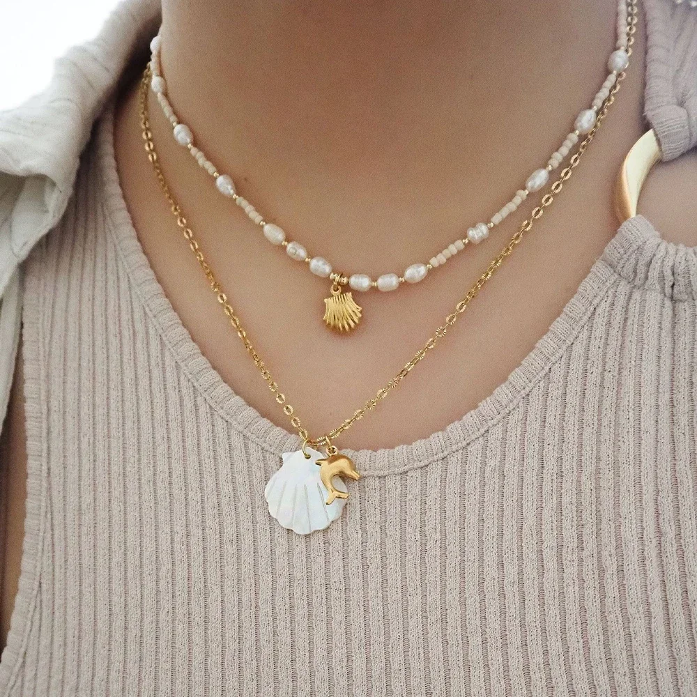 Boho Big White Shell Pendant Neckalce Gold Color Conch Sea Turtle Star Stainless Steel Choker Waterproof Beach Summer Jewelry
