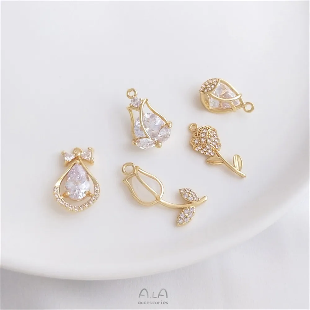 Zircon micro - inlaid 14K gold retaining tulip rose pendant flower pod pendant DIY hand necklace earrings pendant korean tulip series letters flower sticker diy hand painted simple mobile phone notebook labels decorative sticker stationery