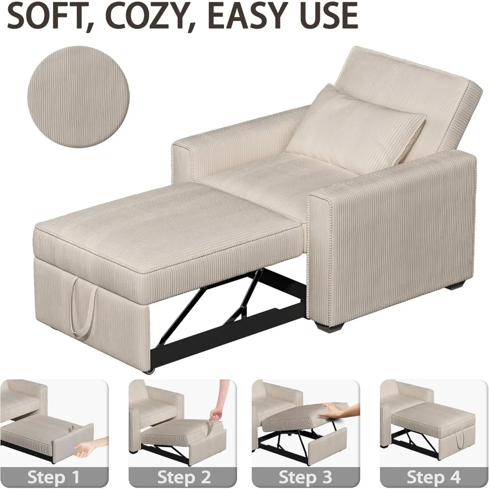 Living Room Chair with Throw Pillow, 3 in 1 Convertible Pull Out Sofa Chairs, Soft Corduroy Fabric Sofa Sleeper, Sleeper Chair