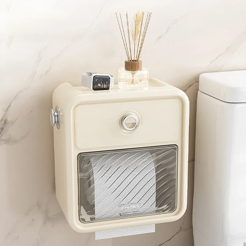 Paper towel box, wall mounted, waterproof, punching free paper drawer, roll paper box storage rack towel holder
