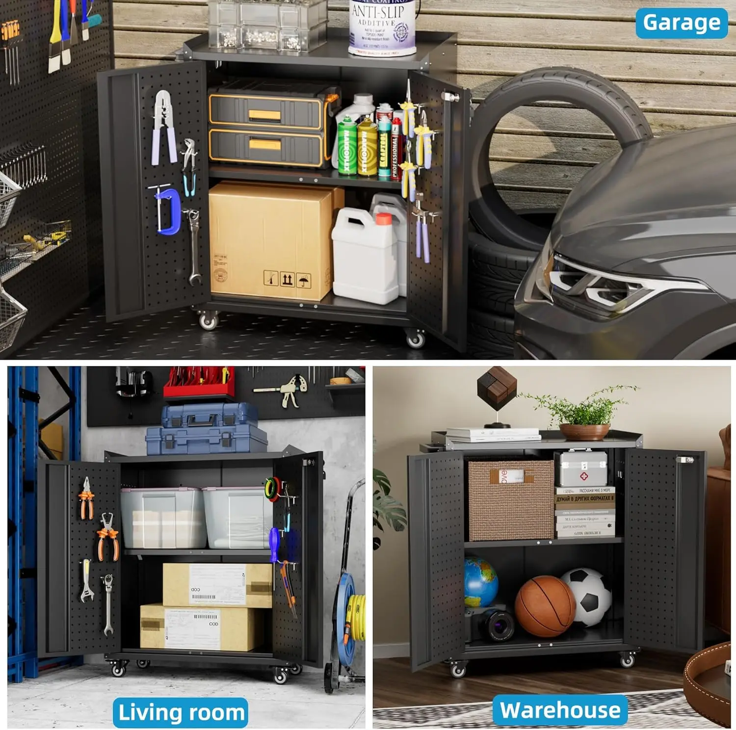 34.3 inch Lockable Metal Garage Storage Cabinet on Wheels — Black, 2‑Door Mobile Organizer 4