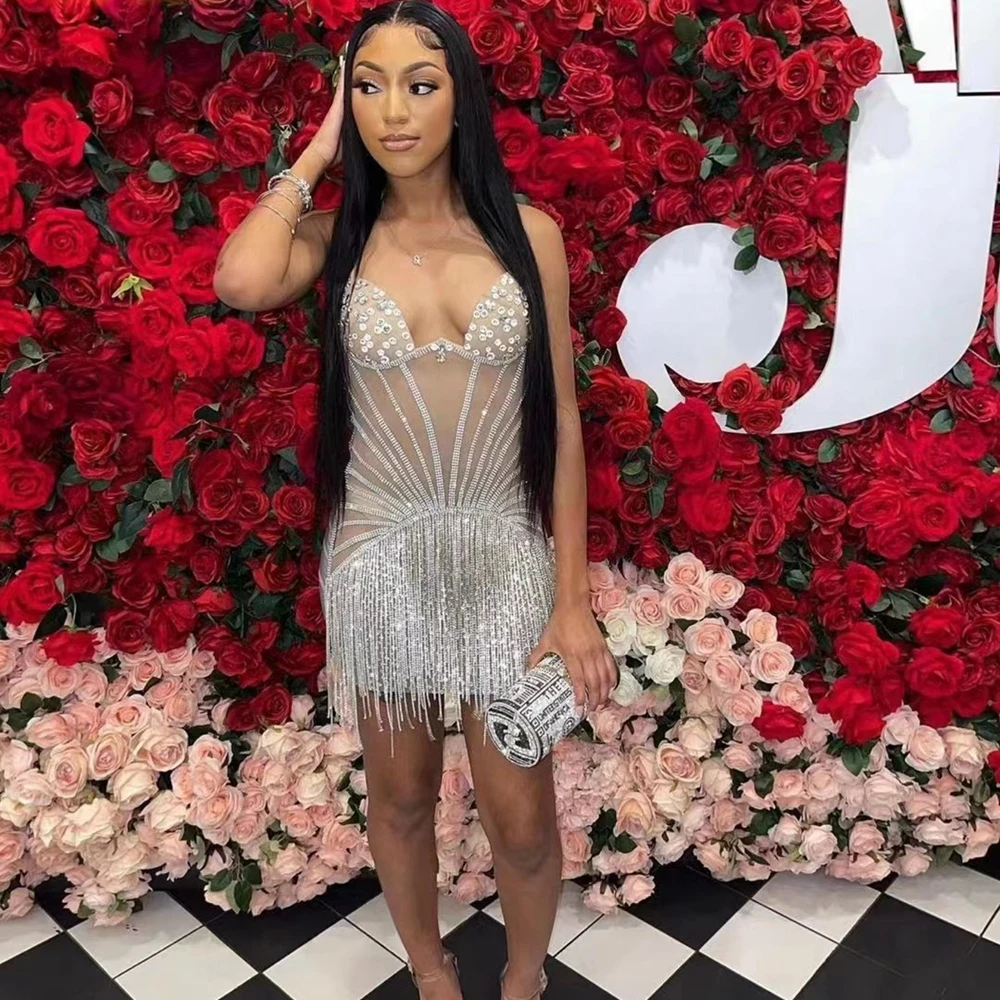 

Sparkly Crystals Silver Rhinestones Fringes Halter Short Dress Sexy Evening Prom Out Party Birthday Dress Dance Stage Show Dress