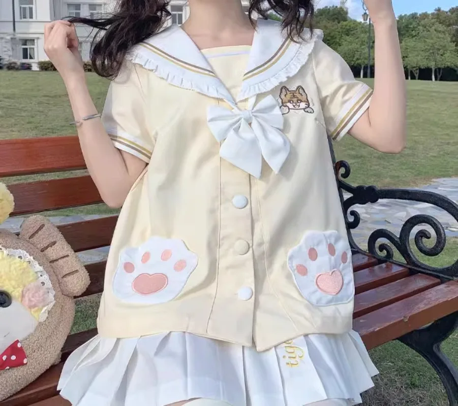 2024 Spring Summer Japanese JK Uniform Sailor Outfit Sweet Cute Student Yellow Short Sleeves Top White Skirt Cartoon 2 Piece Set