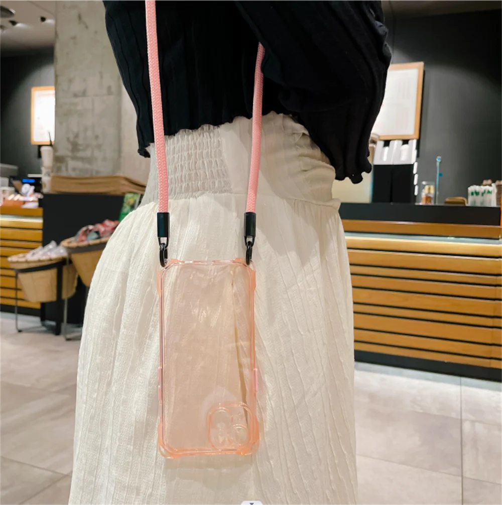 Candy Solid Color Shockproof Crossbody Necklace Lanyard Case with Strap Cord