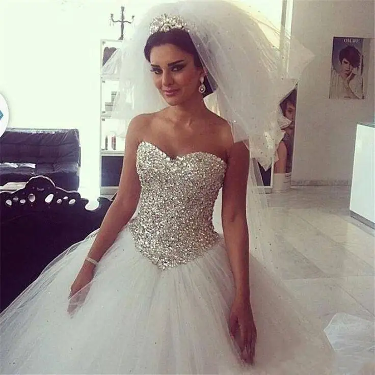 

Sequin Rhinestone Applique Heavy Full Beaded Bling Ball Gown Strapless Sweetheart Crystal Corset Wedding Dress