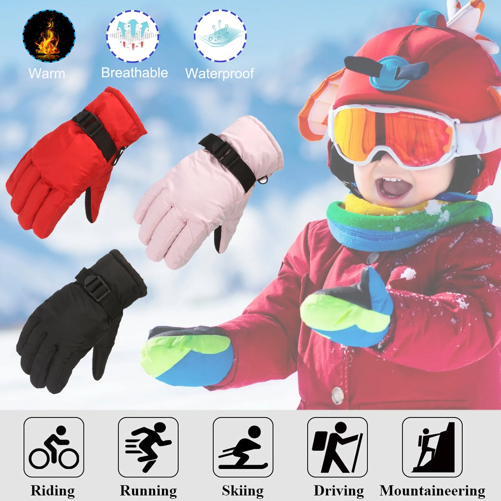 7-12 Years Winter Kids Boys Girls Outdoor Ski Gloves Children's Snow Skating Snowboarding Windproof Warm Sports Ski Gloves