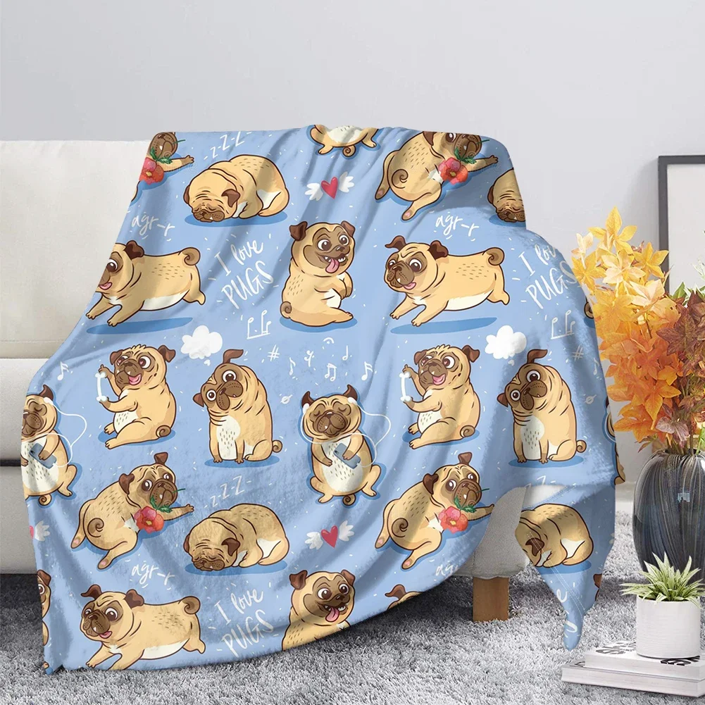 Flannel Blanket Cute Animal Pug Dog Soft Warm Fall Sofa Fleece Throw s for Bed  Couch  King Size Lightweight 4