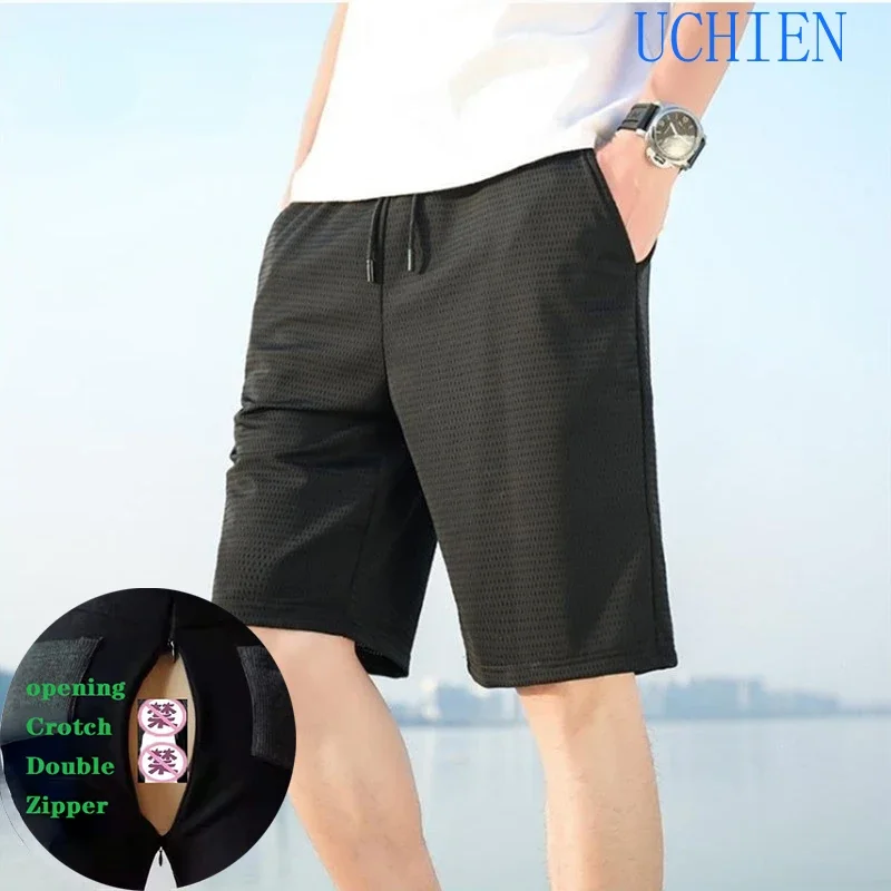 Men Crotchless Sweatpants Shorts Summer Zipper Open Croch Hot Sexy Hosen Man Trousers zipper men leggings
