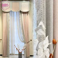 Princess Style Girl Room Pink Grey Lace Patched Curtains for Living Room Bedroom French Window Embroidered Window Screen 1