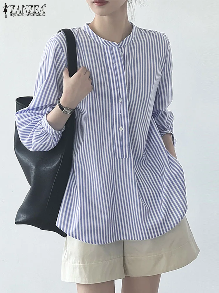 

ZANZEA Fashion OL Work Chemise Woman Elegant Stripe Printed Shirt Female 3/4 Sleeve O-Neck Blouse Casual Loose Tunic Tops 2023