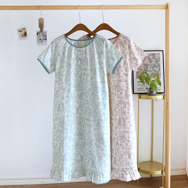 

2024 Summer New Women's Pajama Skirt 100% Cotton Gauze Ladies Sweet and Cute Pajama Skirt Large Homewear Dress Sleepwear