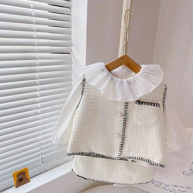 

Весенне-осенний костюм для девочки, новый очаровательный однотонный комплект из двух предметов, пальто и юбка для девочки