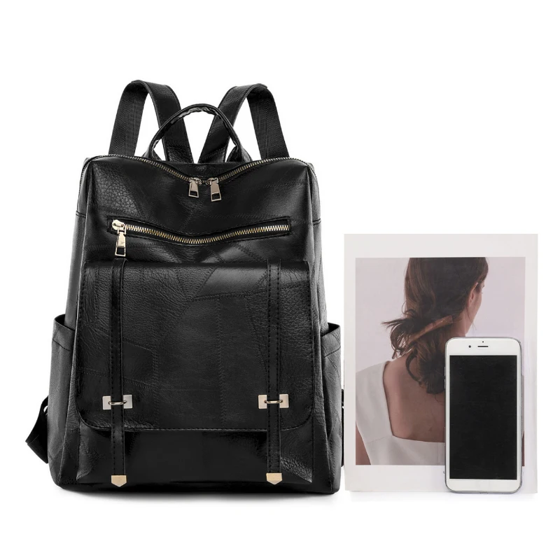 Women's artificial leather backpack with adjustable shoulder straps, stylish, zippered closure, polyester lining, large capacity