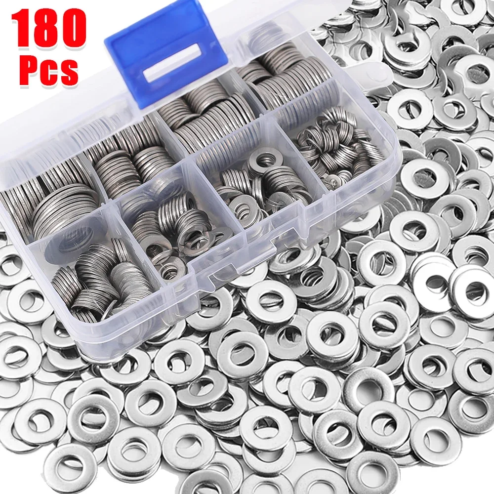 

180Pcs Stainless Steel Flat Washers M2 M2.5 M3 M4 M5 M6 M8 M10 Metal Plain Washer Gaskets For Screw Bolts Hardware Accessories