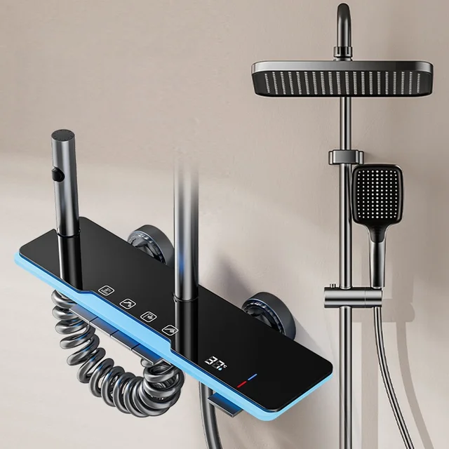 ชุดฝักบัวอาบน้ำพร้อมจอแสดงอุณหภูมิ LED แบบปุ่มกดเปียโน ก๊อกน้ำฝักบัวอาบน้ำ ระบบฝักบัวแบบเรนชาวเวอร์ อุปกรณ์ห้องน้ำครบชุด 1