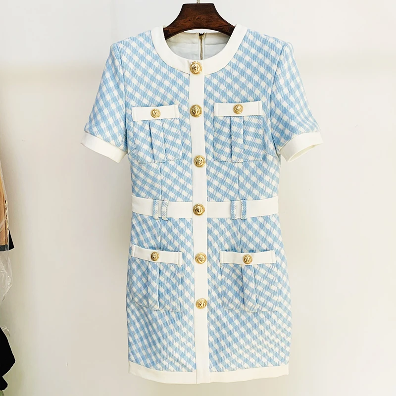 

HIGH STREET Newest Fashion 2023 Fall Winter Designer Women's Short Sleeve Lion Buttons Color Block Plaid Tweed Dress