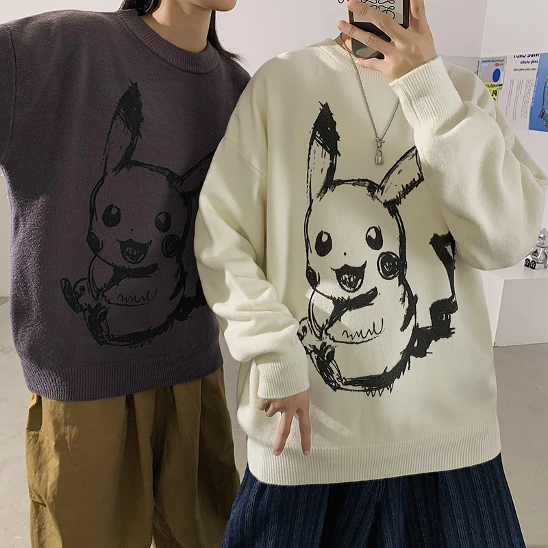 

Japan Style Cartoon Printed Sweater Autumn/winter Loose Round Neck Tops Unisex Couple Pullovers Knitted Streetwear Full Sleeved