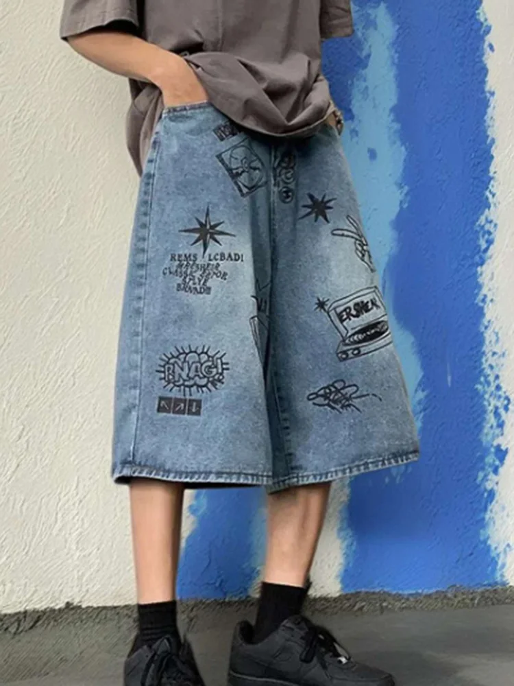 Summer Men Bodybuilding Embroidered Shorts Jeans Male Wide Leg Knee Length Retro Denim Pants Loose Graffiti Drawstring Pants 3