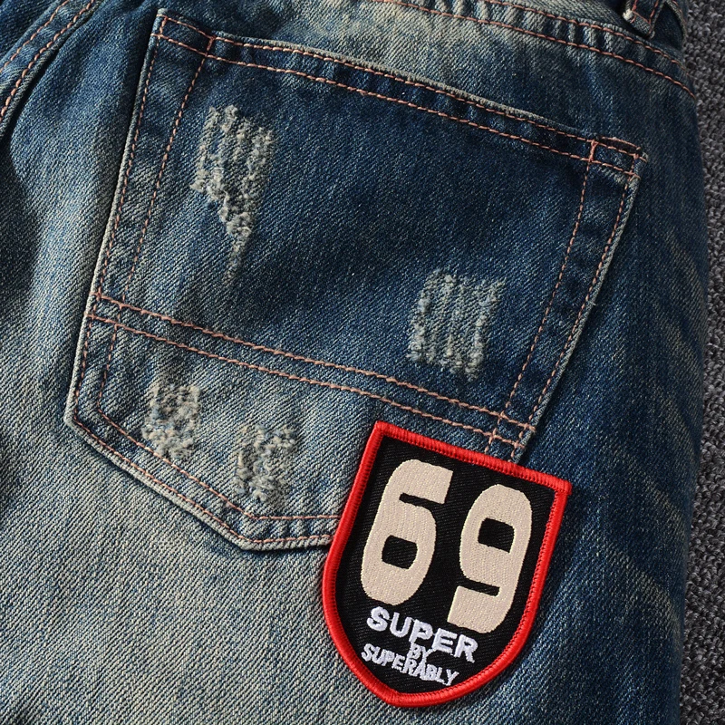 Summer Fashion Men Jeans Retro Blue Regular Fit Patches Designer Ripped Short Jeans Homme Street Style Hip Hop Denim Shorts Men