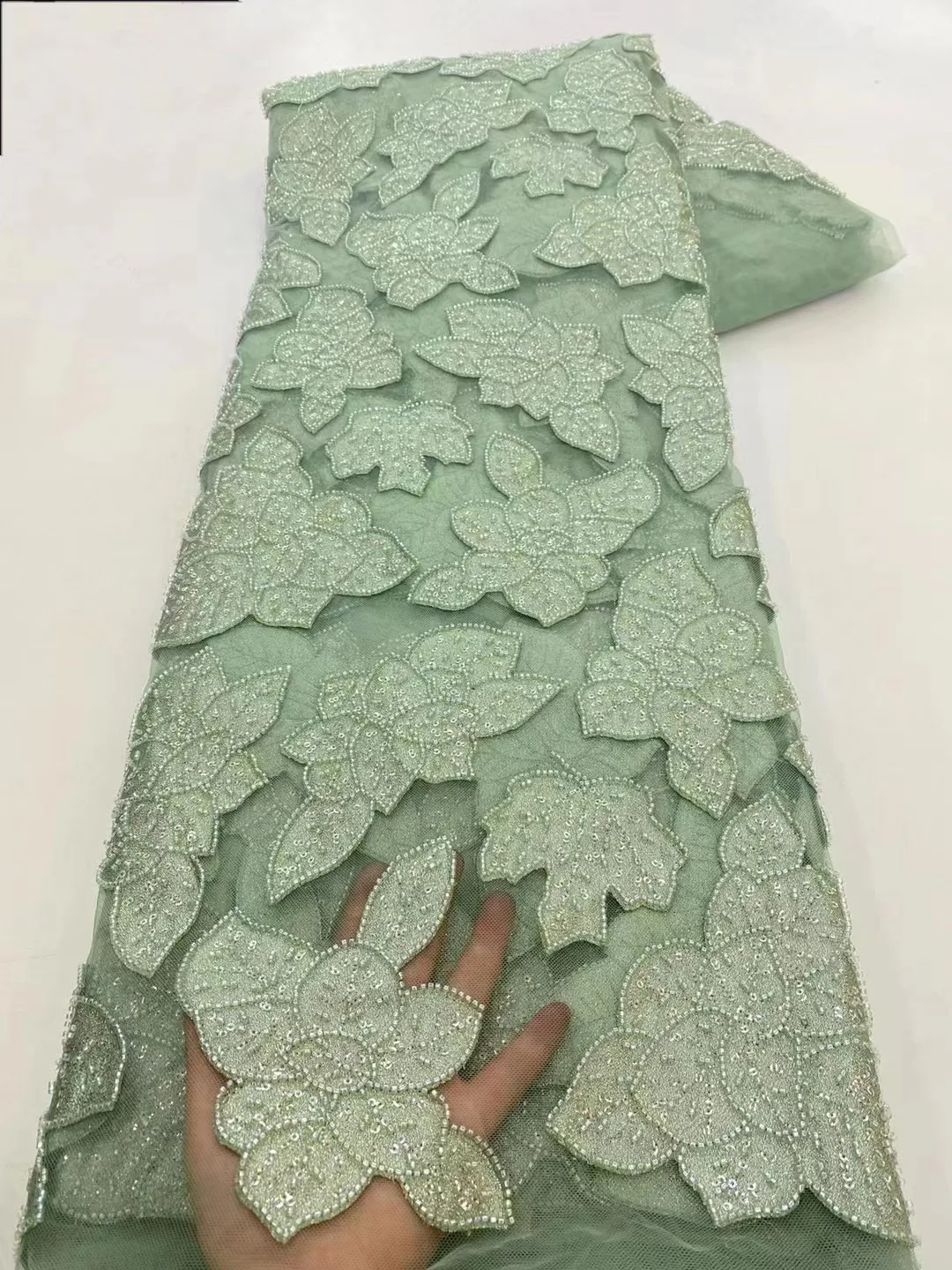 

2024 High Quality Handmade Beaded Lace Fabric France Sequins Embroidery 3D Beads Nigerian Bridal Lace Fabric For Sewing
