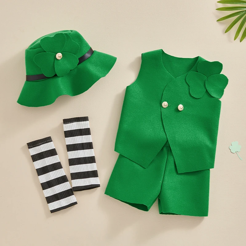 Saint Patricks Day Newborn Outfit Baby Patrick Costume Girl Boy Green Leprechaun Pant Set 4Pcs Clothes With Hat