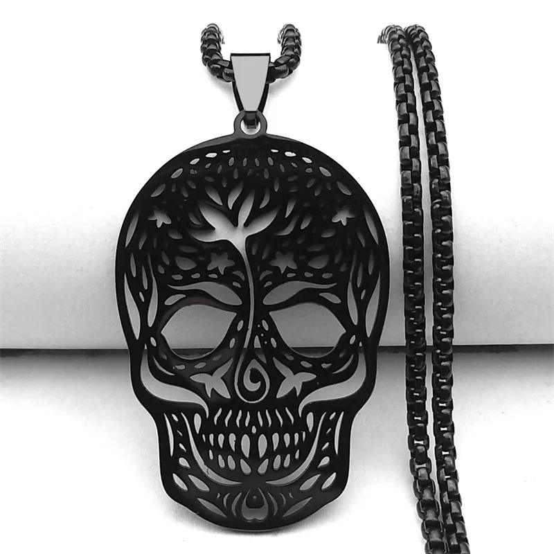 Goth Blume Mexikanischer Zuckerschädel Schwarze Halskette für Damen Herren Edelstahl Mexiko Volkskunst Skelett Kette Schmuck NZZZ534S06 – Detail 4