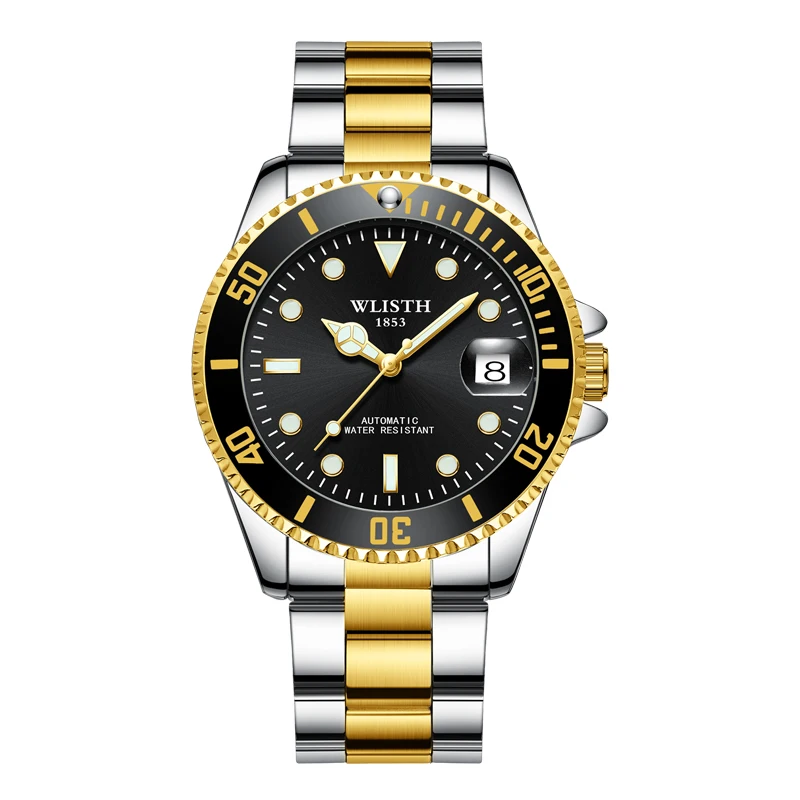 Men's Luxury Automatic Stainless Steel Watch with Gold and Silver Dial, Date Feature, and Luminous Details