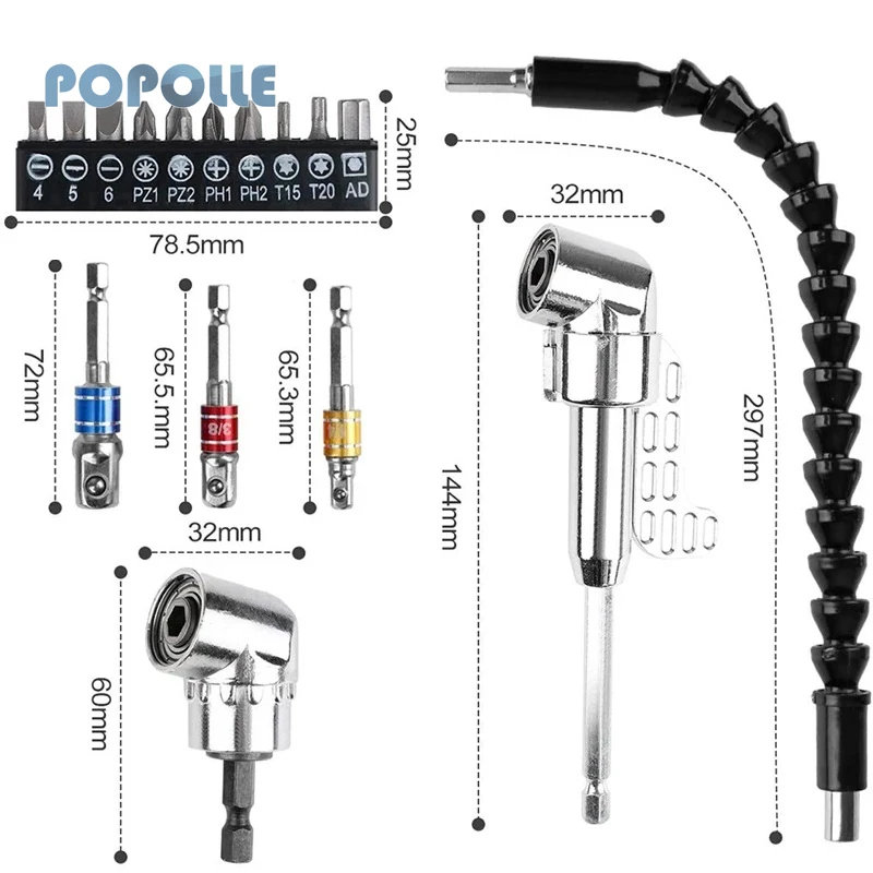 10 Screwdriver Bits + Soft Shaft Right-angle Screwdriver Bit Drill Bit + Extension Piece + Impact Socket Adapter Set16pcs