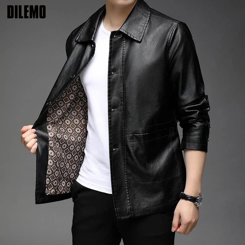 Top Grade New Brand Designer Casual Fashion Faux Pu Fashion Leather Jacket Men Brown Biker Classic Coats Mens Clothing 2022 distressed leather jacket