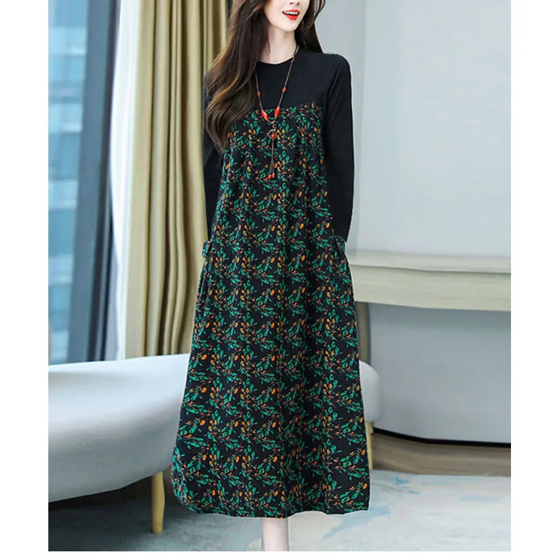 

2023 New Spring Fashion Print Round Neck Splice Fake Two Piece Fragmented Flower Long Sleeve Temperament Commuting Unique Dress