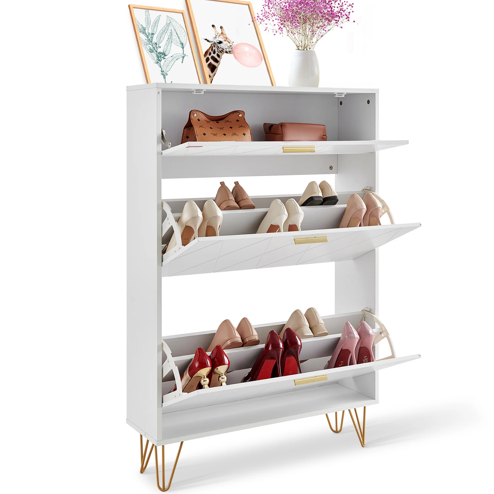 White Wooden Shoe Storage Cabinet with Flip Drawers