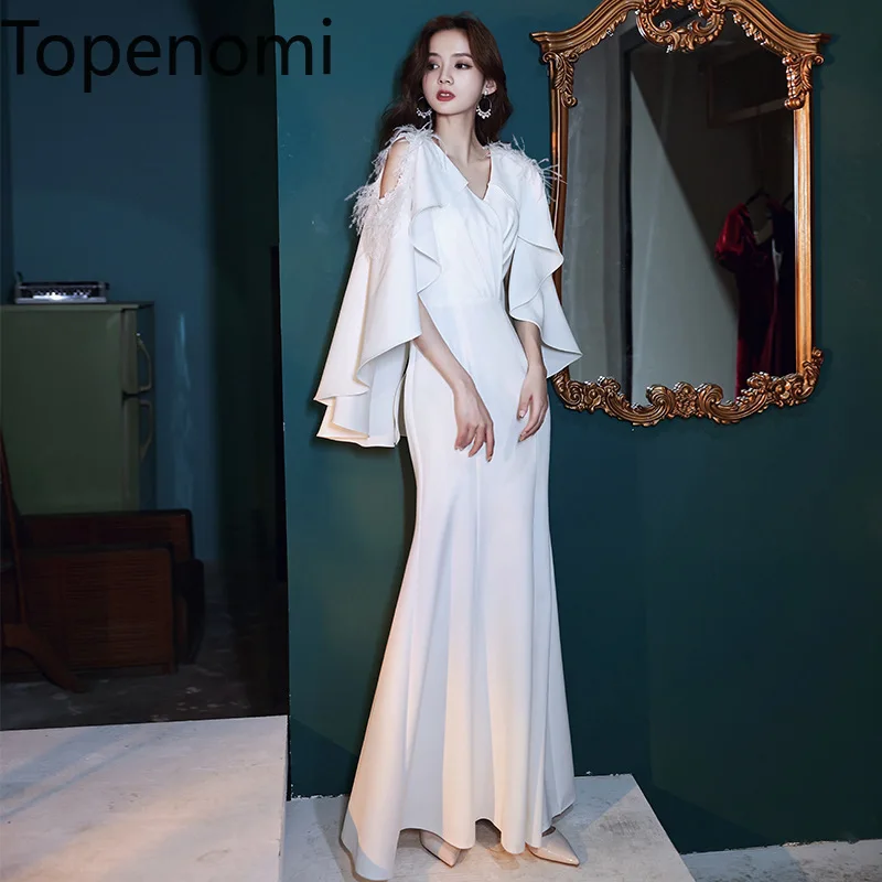 

Topenomi Designer Evening Prom Dresses Women 2024 New White Off Shoulder Feather Shawl Waist Slim Mermaid Long Dress Host Gown