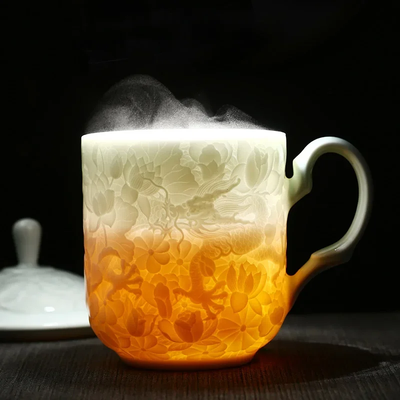 

Jingdezhen ceramic teacup shadow green carving gift cup with lid bubble tea cup office cup coffee cup household water cup