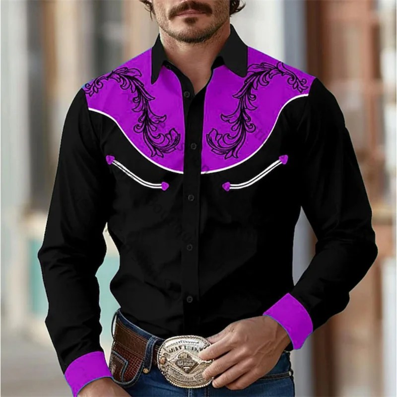 thumbnail image 1 of Camisa de hombre estilo retro occidental con estampado floral 2024, informal, para exteriores, calle, uso diario, primavera y verano, con solapa, manga larga, color negro, tallas S a 5XL, tejido elást, 1 of 5