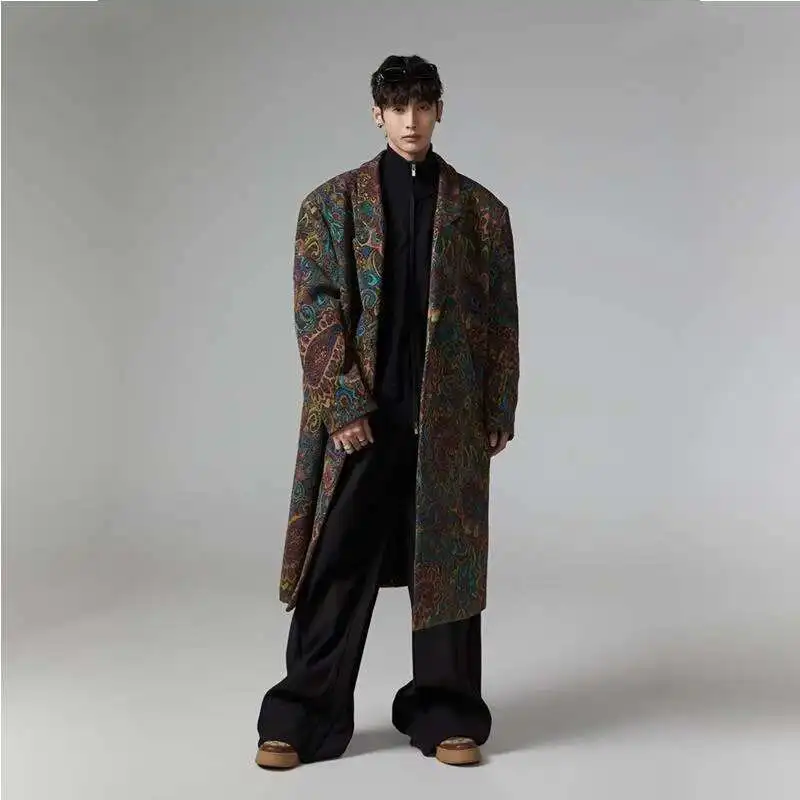 HKSH Notched Collar Original Design Shoulder Pads Loose High Sense Med Length Retro Pattern Windbreaker Fashion Chic Coat HK3354