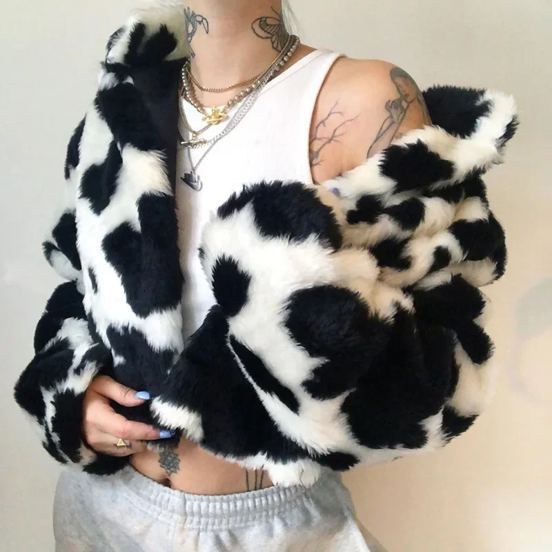 Winter Warm Faux Fur Comfortable Cow Print Women's Jacket Dark Casual Furry Street Style Loose Jacket Women Autumn Loose Jacket