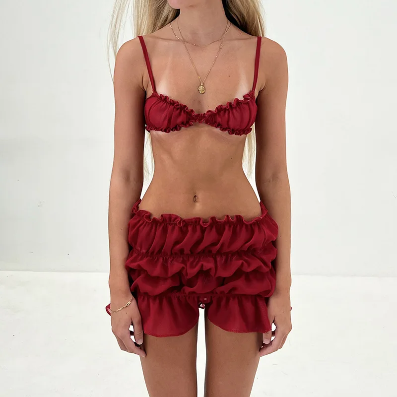 Y2K Ruffle Mini Skirt Set Red Spaghetti Strap Tops and Low Waist Skirt Outfits Women Summer Sexy Club Party Two Piece Set 2024 hlj vintage tassel women s set spaghetti strap crop top and mini skirts suits elegant sexy 2 piece set outfit club party wear