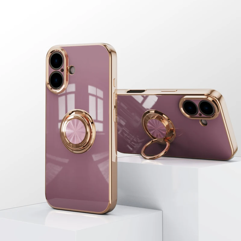 6D Einfarbige Ringhalterhülle für iPhone 16 15 14 13 12 11 Plus Pro Max Mini Weiche Hautgefühl Anti-Fall-Rückseite_voghion.com