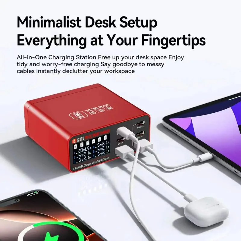 YCS 300 6-in-1 PD+QC 스마트 충전기 6포트 USB 충전 스테이션 (디지털 디스플레이 포함) 휴대폰/태블릿 수리 도구용