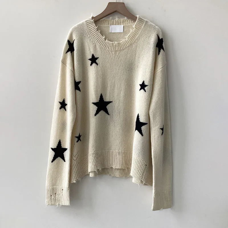 

Zadig Stars Sweater Women Beige Cashmere Loose Sweaters Casual Long Sleeve Crew Neck Pullover Stylish Ripped Edges Jumpers Tops