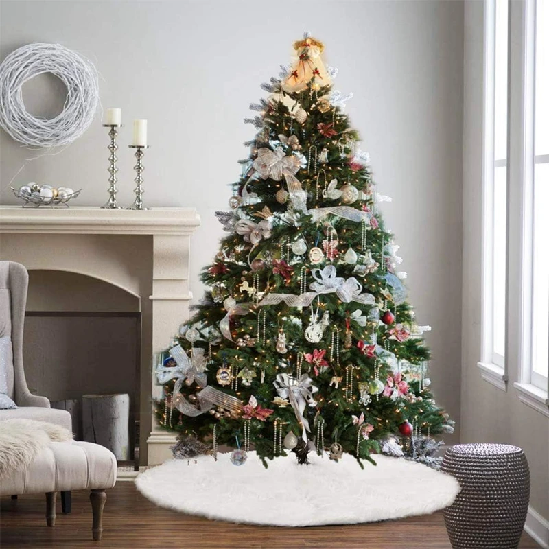 Large Christmas Tree Skirt Ornament White Plush Fur Xmas Tree Base Mat Covers Merry Christmas Decoration for Home New Year Christmas Tree Skirt