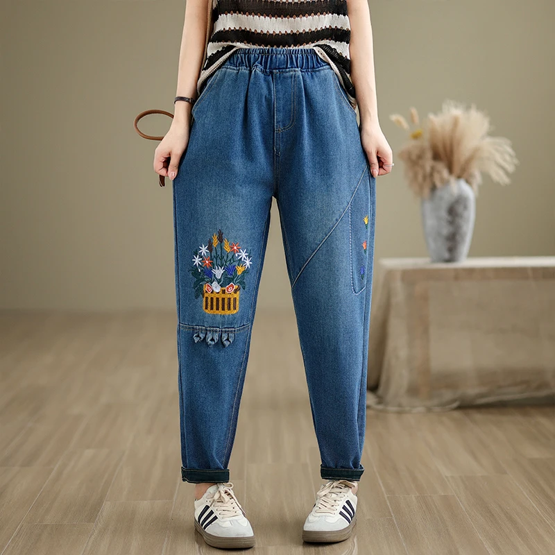 

Женские хлопковые джинсовые брюки до щиколотки, свободные шаровары в стиле пэчворк с кружевом и эластичным поясом, весна-лето 2024